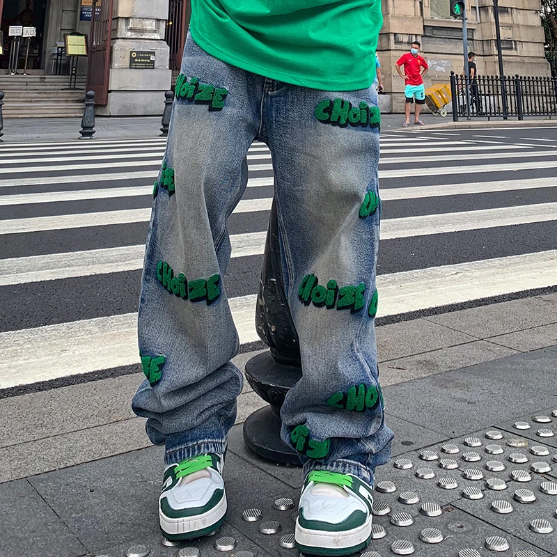 

Letter Flocking Retro Washed Streetwear Jeans for Men and Women Wide Leg Ripped Straight Loose Denim Trousers Oversized