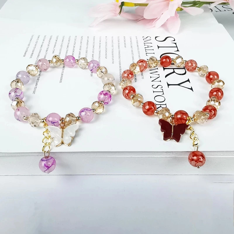 

Korean Crystal Beads Acrylic Butterfly Pendant Bracelet Bangle for Women Girl Colorful Boho Jewelry Wedding Summer Party Gift