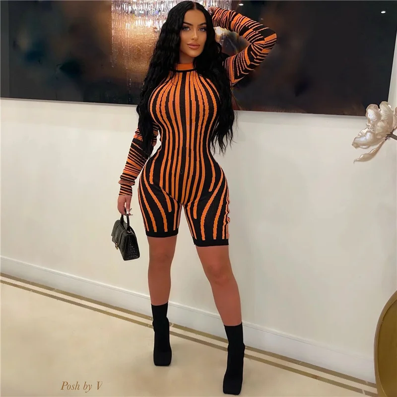 

Zoctuo Long Sleeve Mock Biker Short Jumpsuits Chic Striped Print Zipper Skinny Rompers Fashion Active Wear Tracksuits Clubwear