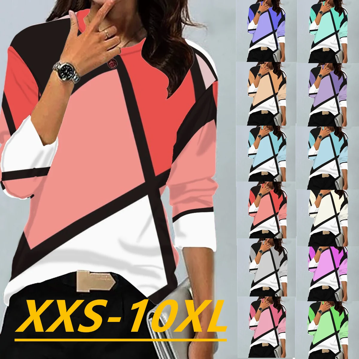 

Autumn/Winter 2022 Fashion Women's Geometric Print V-Neck Long Sleeve Casual Plus Size Top XXS-10XL