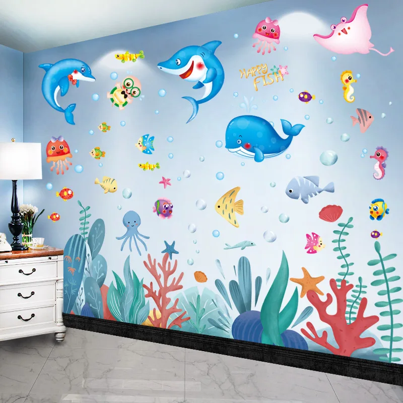 

[SHIJUEHEZI] Cartoon Fish Wall Stickers DIY Seagrass Plants Mural Decals for Kids Rooms Baby Bedroom Nursery Home Decoration