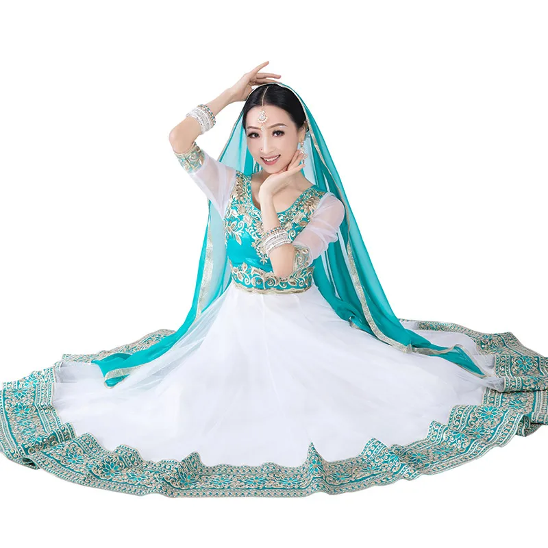 

New Indian Dance Stage Performance Costumes Women Festival Day Elegant White & Blue Saree Suit Bollywood Dance Clothing