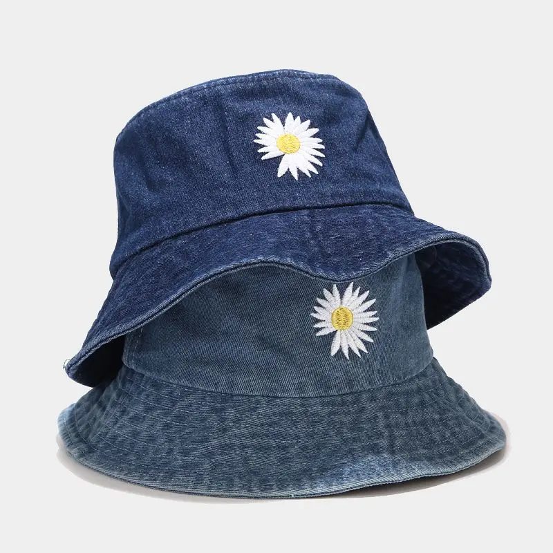 

GQILYYBZ Ins Flower Fisherman Hat Korean Hat Female Summer Joker Washed Denim Pot Hats Male Sunscreen Women's Bucket Hat