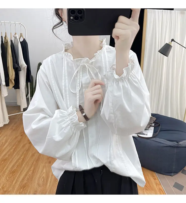 Французская милая рубашка с длинными рукавами и кружевным воротником женская