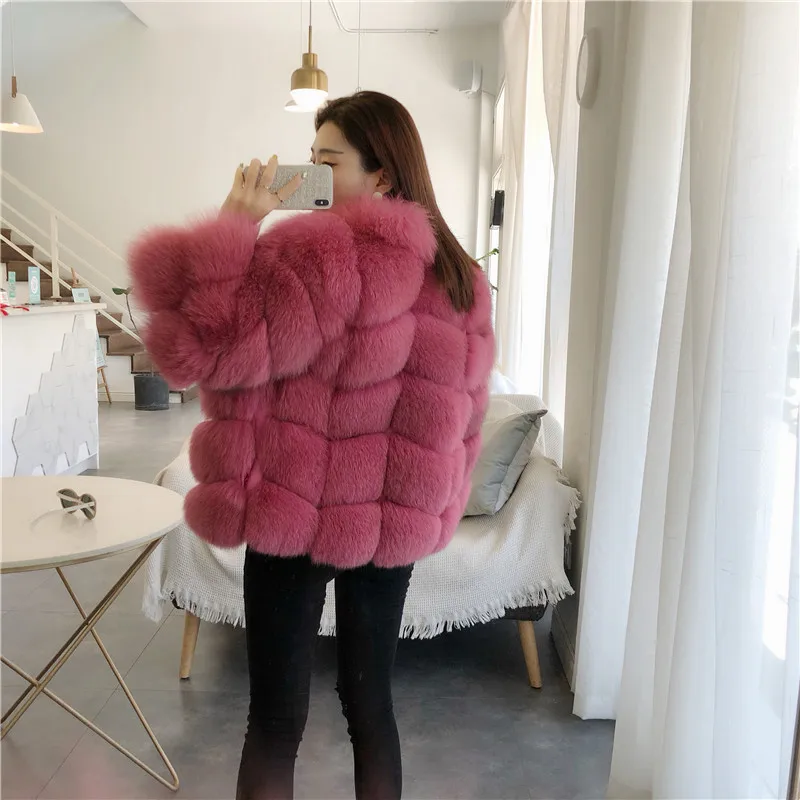 Warm Fake Fox Fur Coats Female Thick Faux Fox Fur Coats Women Winter Fashion Medium Long Artificial Fox Fur Jacket Pink Woman