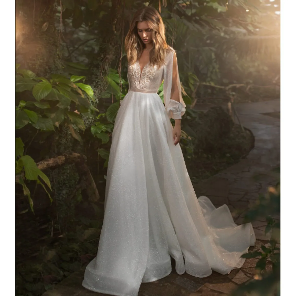 

Simple Tulle Wedding Dresses for Women A-Line Special Lantern Sleeves Maxi Gown V-Neck Vestido De Noiva Formal Dresses
