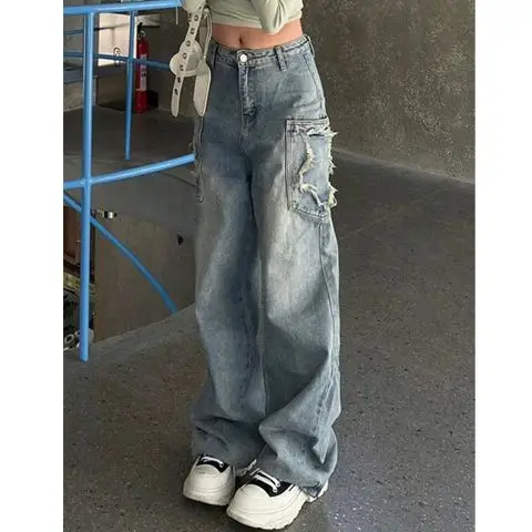 

Женские рваные джинсы с высокой талией и карманами, джинсовые брюки y2k, брюки-карго в стиле бойфренд, мешковатая уличная одежда в стиле Харадзюку, модная одежда в стиле панк и гранж