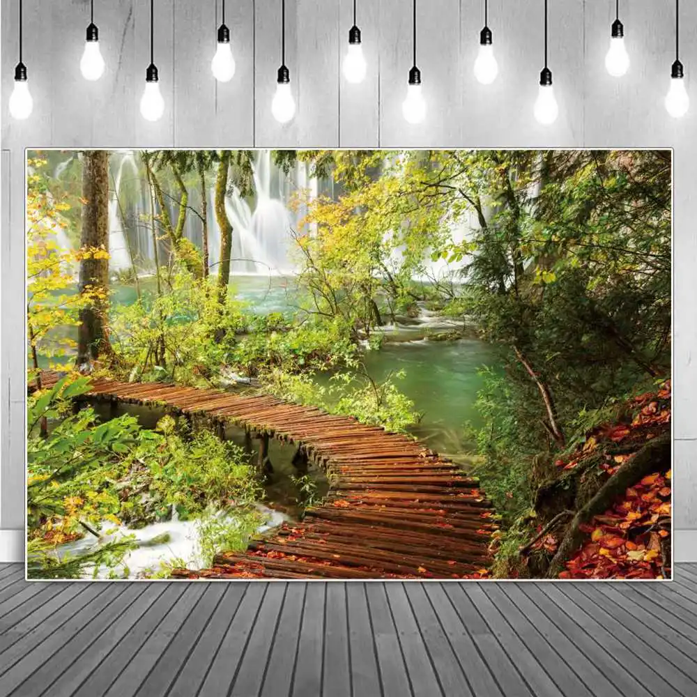 

Waterfall Bridge Photography Backdrops Spring Mountain Climbing Green Forest Wooden Road Holiday Decoration Photocall Background