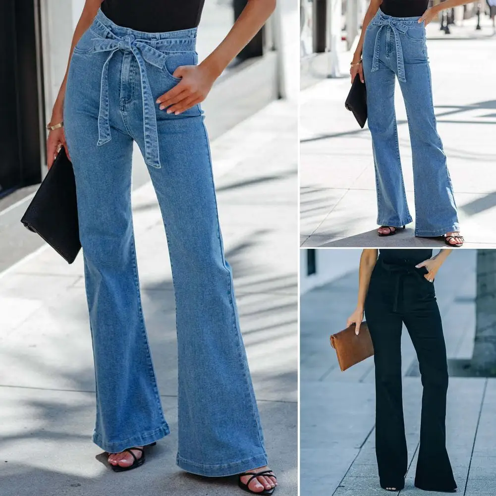 

Women Jeans Mid-Rise Belted Lace-up Bowknot Multi Pockets Women Jeans Fashion Mid-Waist Flare Denim Trousers Streetwear