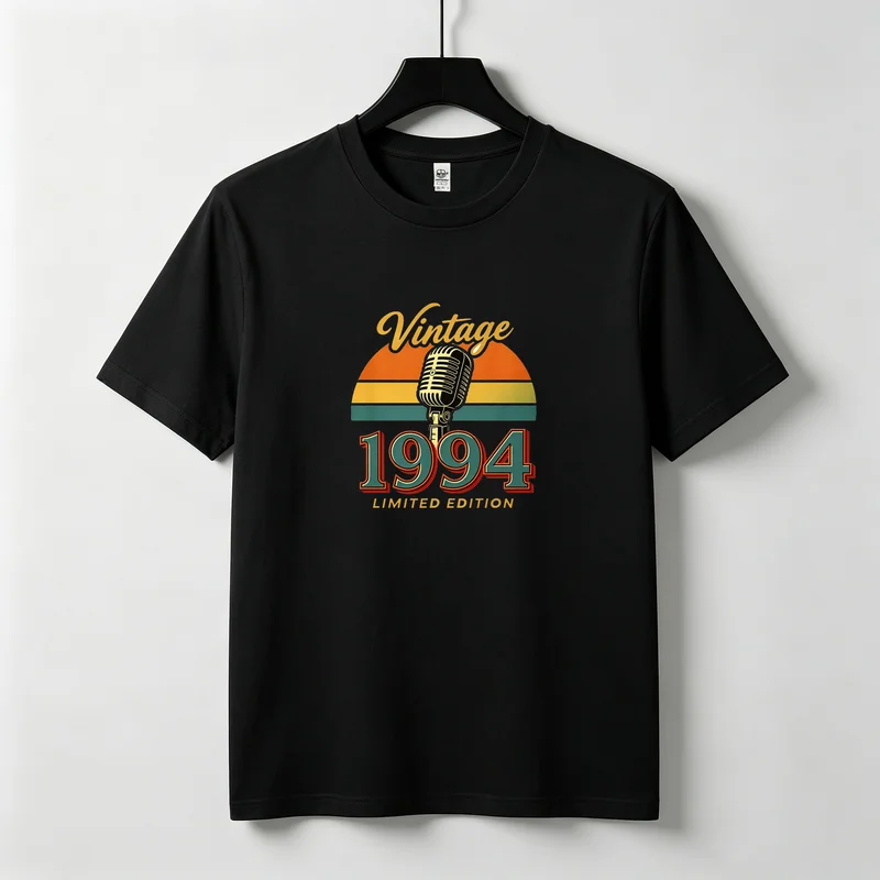 Фото Винтажная футболка с рисунком микрофона и закатом 1994 года, лимитированная серия, унисекс, для женщин и мужчин, хлопковая, летняя, повседневная, подарок на день рождения №2