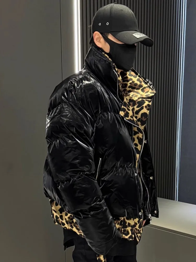 Зимнее мужское пальто модное лоскутное с леопардовым принтом искусственная