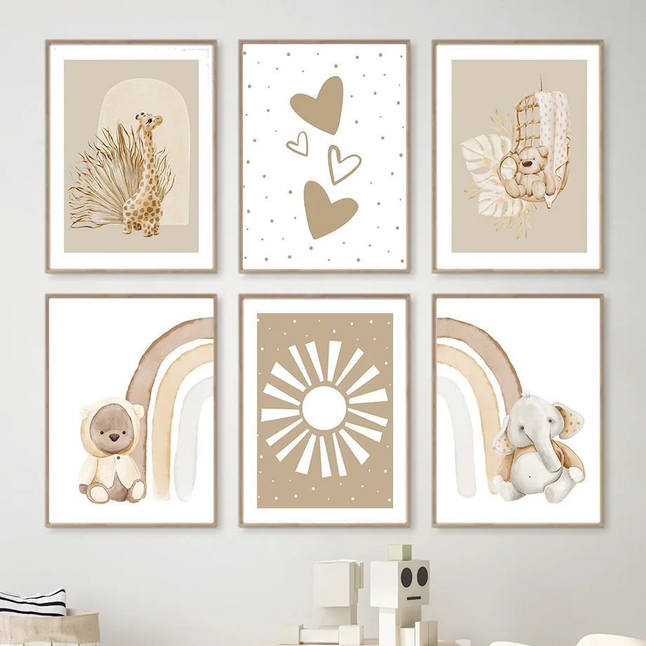 

Cartoon Bear Elephant Giraffe Rainbow Sun Wall Art Canvas Painting Nordic Posters And Prints Wall Pictures Baby Kids Room Decor