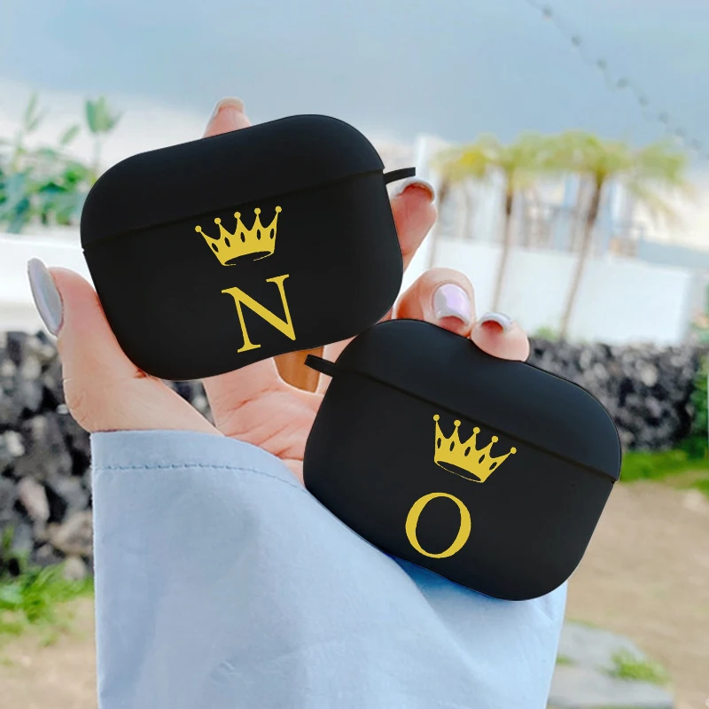 

Fashion Initial Letter golden A Z Case For AirPods 1 2 3 Pro Luxury Golden crown Bluetooth Earphone Wireless black Box cover