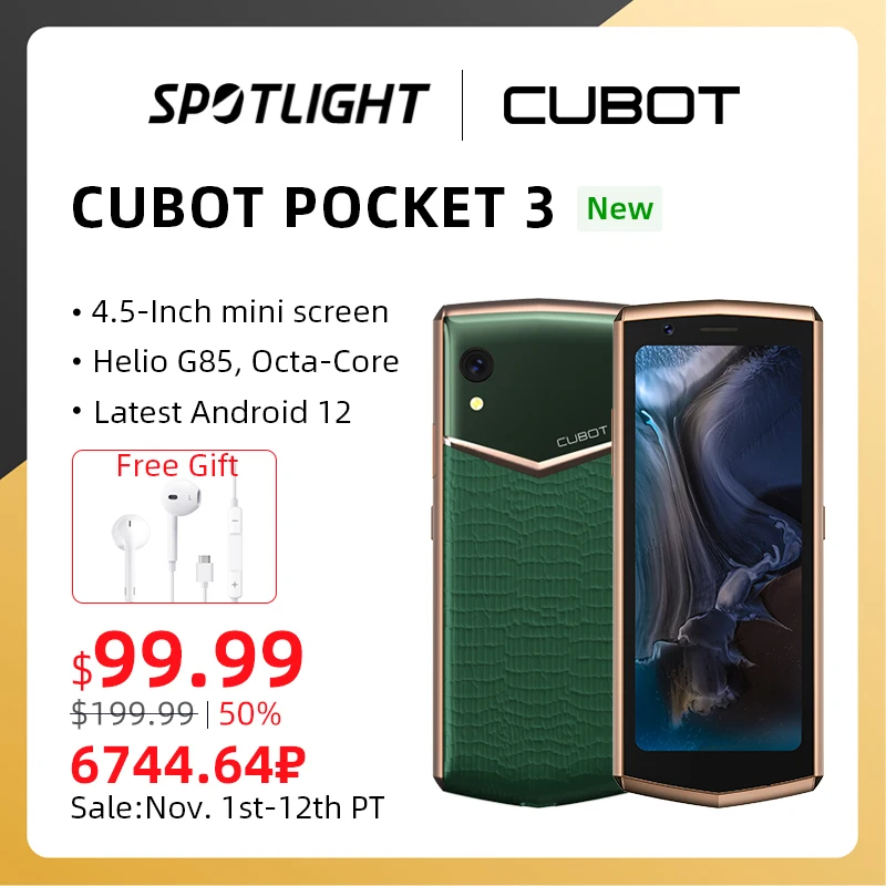Ceny Rozpocznij Wyprzedaż 1 Listopada, Cubot Pocket 3, 4,5-calowy Mini Phone, Helio G85, Ośmiordzeniowy, NFC, Smartphone Android 12, 4 GB RAM, 64 GB ROM, 3000 MAh, Aparat 20 MP, 4G Telefony Komórkowe, Telefony Smartfony GPS