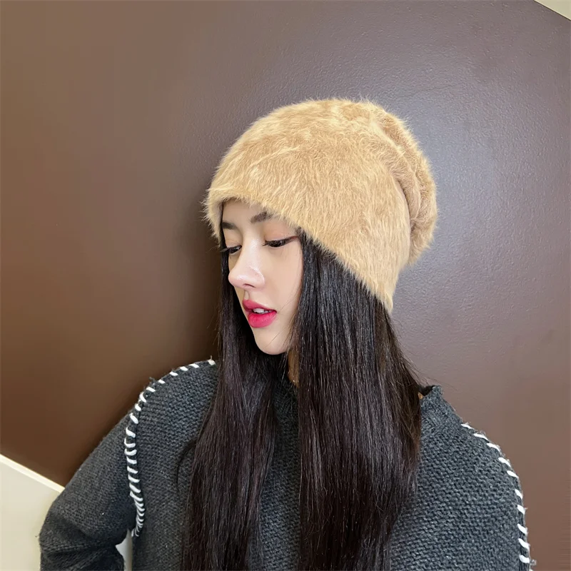 Beanie Women Rabbit Hair Knitted Pullover Hat Ear Protection Warm Plush Hat Winter Cold Hat Casual Hat beanies for men bonnets