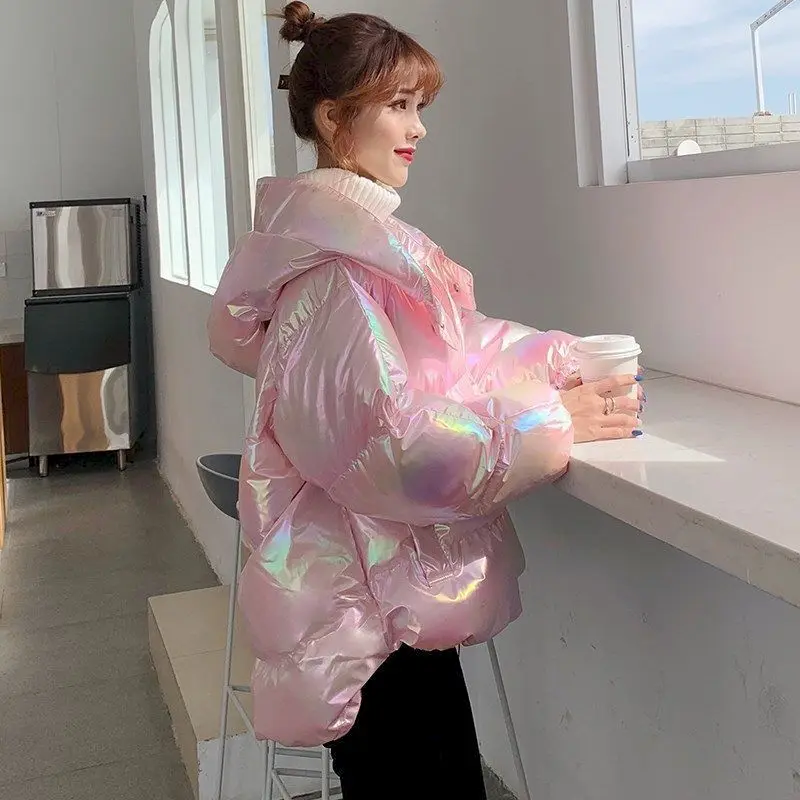 2022 Winter New Women jacket cotton coats white hooded coat solid Gradient rainbow color short zipper loose waist autumn clothes