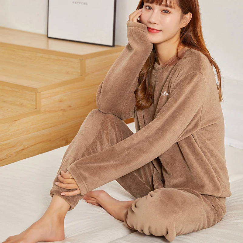 Women Winter Flannel Pajama Set Fleece Pajamas Sleepwear Homewear Thick Warm Velvet Female Suit Fall Sweatshirt Ladies Pyjama