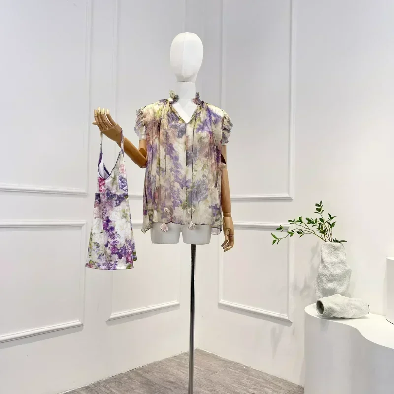 

2023 Top Quality Crinkle Silk Purple Floral Printing Frill Ruffle Self Tie Collar Spring Summer All-matching Blouse for Women