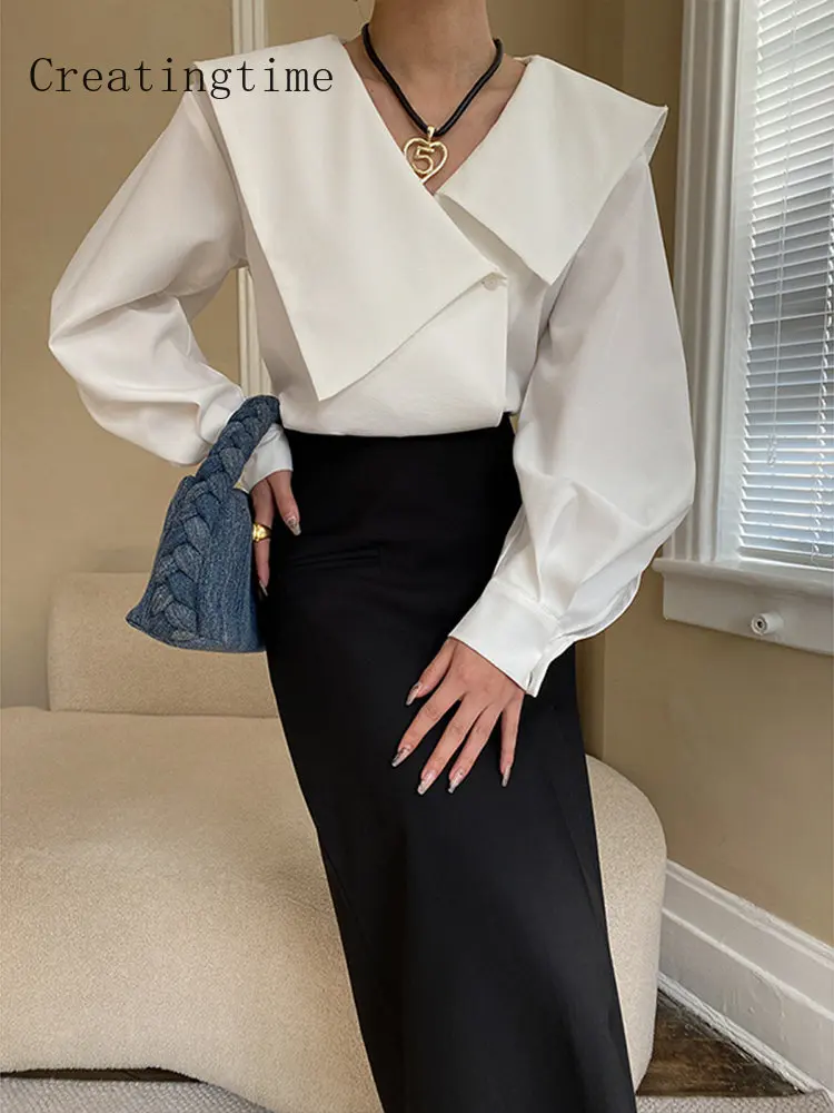 

Irregular Large Lapel Shirt For Women 2023 Spring New Single Button Solid Color Patchwork Loose Fashion Female Tops Blouse 1A641