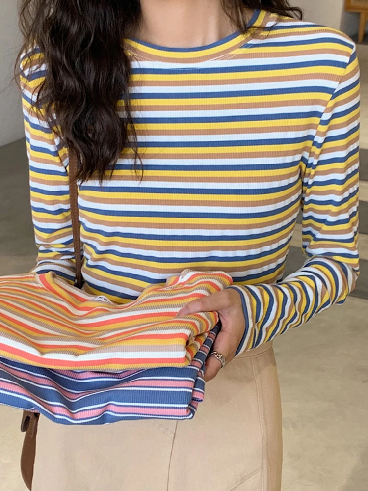 

2022 Spring New Korea Cotton Shirt Purple Yellow Y2K Women Stripes Vintage Tshirt Tops O Neck Long Sleeve Pullover T-shirt