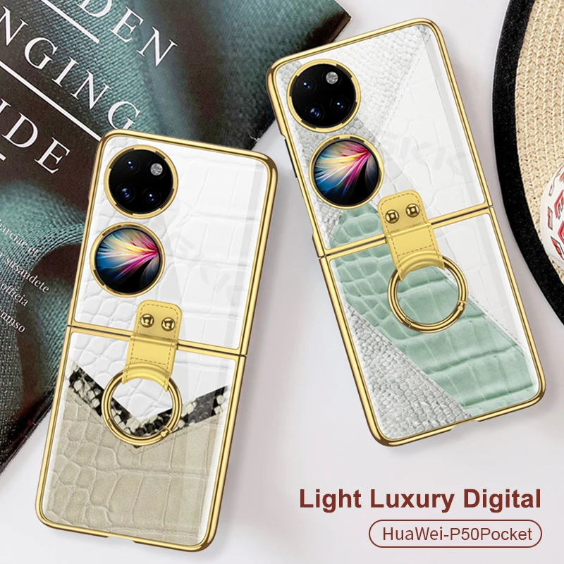 

GKK Tempered Glass Ring Phone Case For Huawei P50 Pocket 4G Case Luxury Pattern Plating Hard Edge Cover For Huawei P50 Pocket 4G