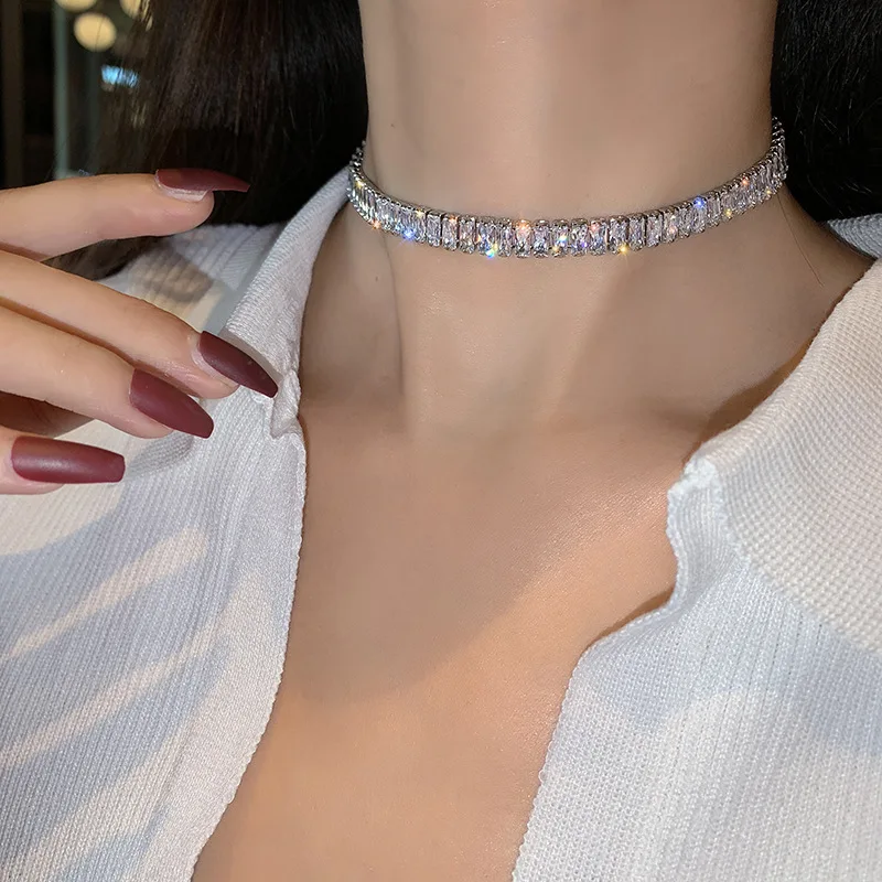 

2.5*5mm Cubic Zirconia Chain Tennis Necklace for Women Men Punk Zircon Chokers Necklaces Wedding Silver Color Jewelry Wholesale