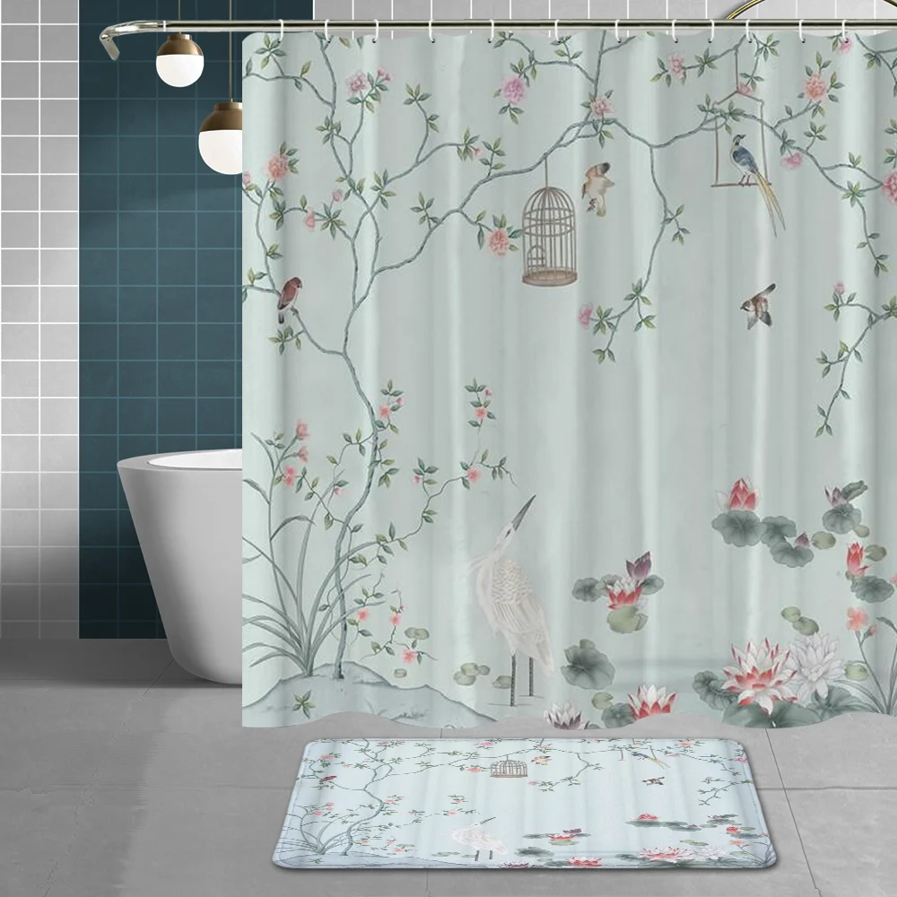 

Green Eucalyptus Fabric Bath Foot Mat Accessories Kit Floral Treeand Brid Pink Cherry Blossom Shower Curtain for Bath Partition