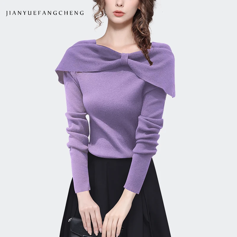 Милый женский свитер с воротником-лодочкой и бантом пикантные обтягивающие