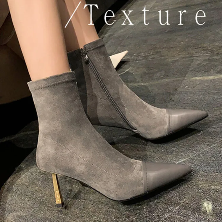 

Grey Suede Women Short Sock Boots Mixed Leather Pointed Toe Ankle Botas Elastic Black Iron Thin High Heels Party Botines Femmes