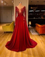 red long sleeves evening dress luxury beading crystal illusion ball gown prom dresses v neck pdubai women formal party vestidos