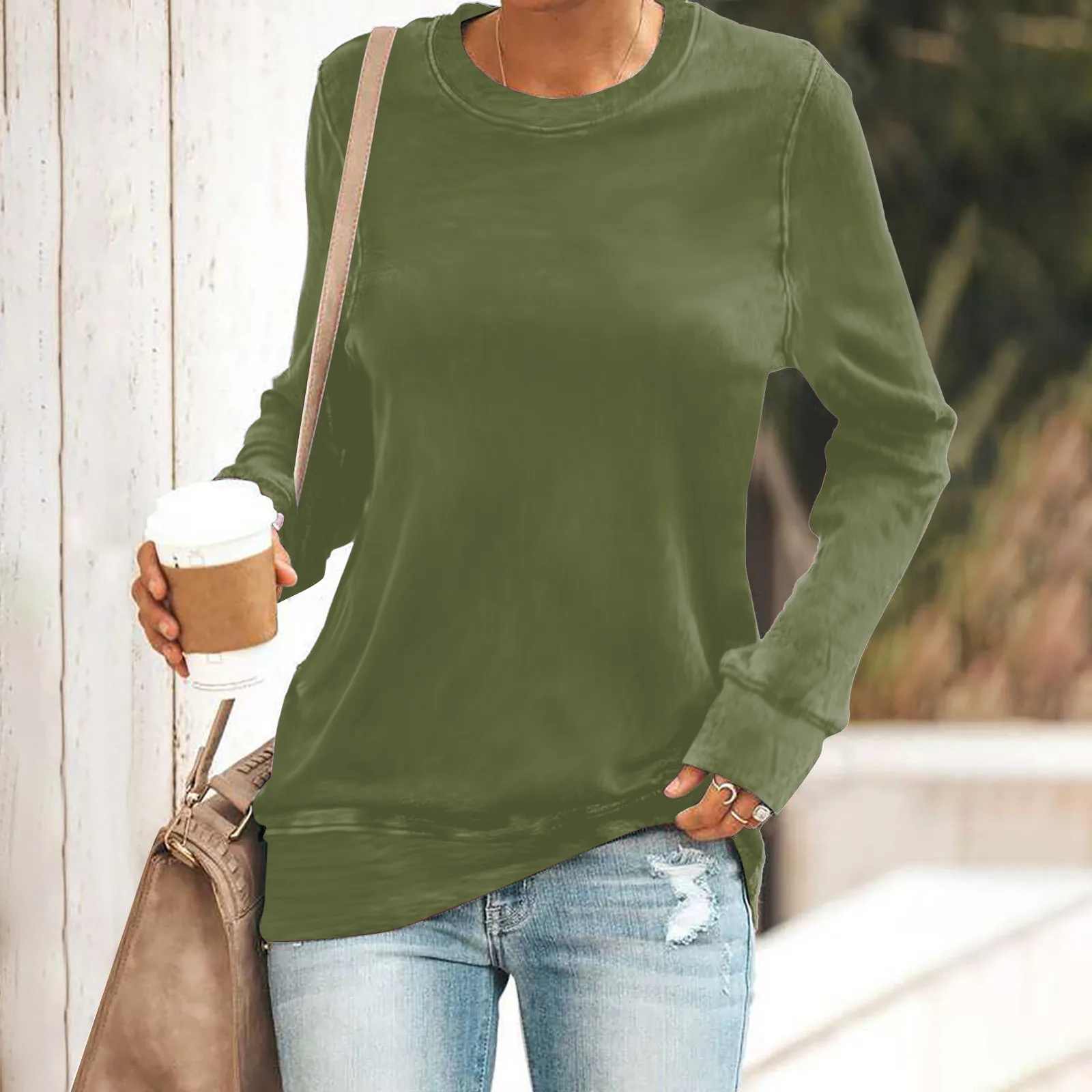 

Весенняя и Осенняя женская футболка с карманом, однотонная свободная футболка с круглым вырезом и длинными рукавами, Женская Повседневная размера плюс, женская одежда