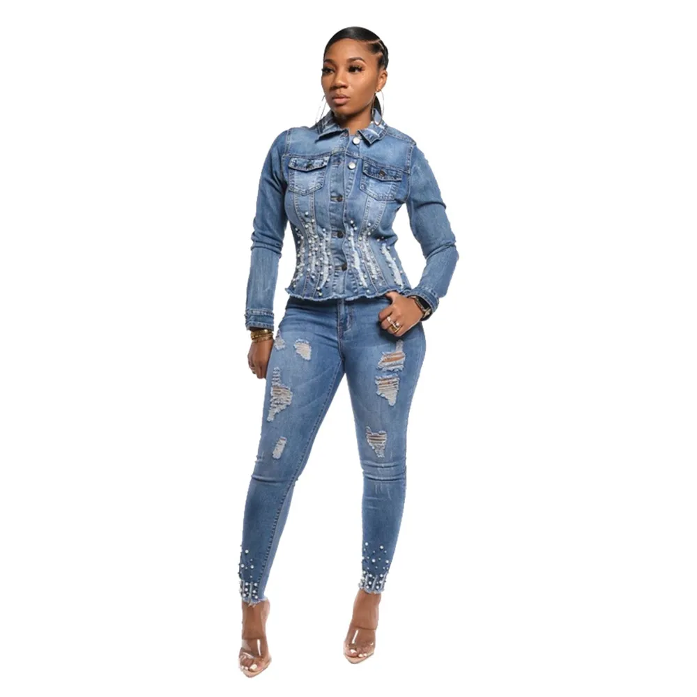 Новое зимнее женское модное однотонное джинсовое пальто с жемчугом приталенное