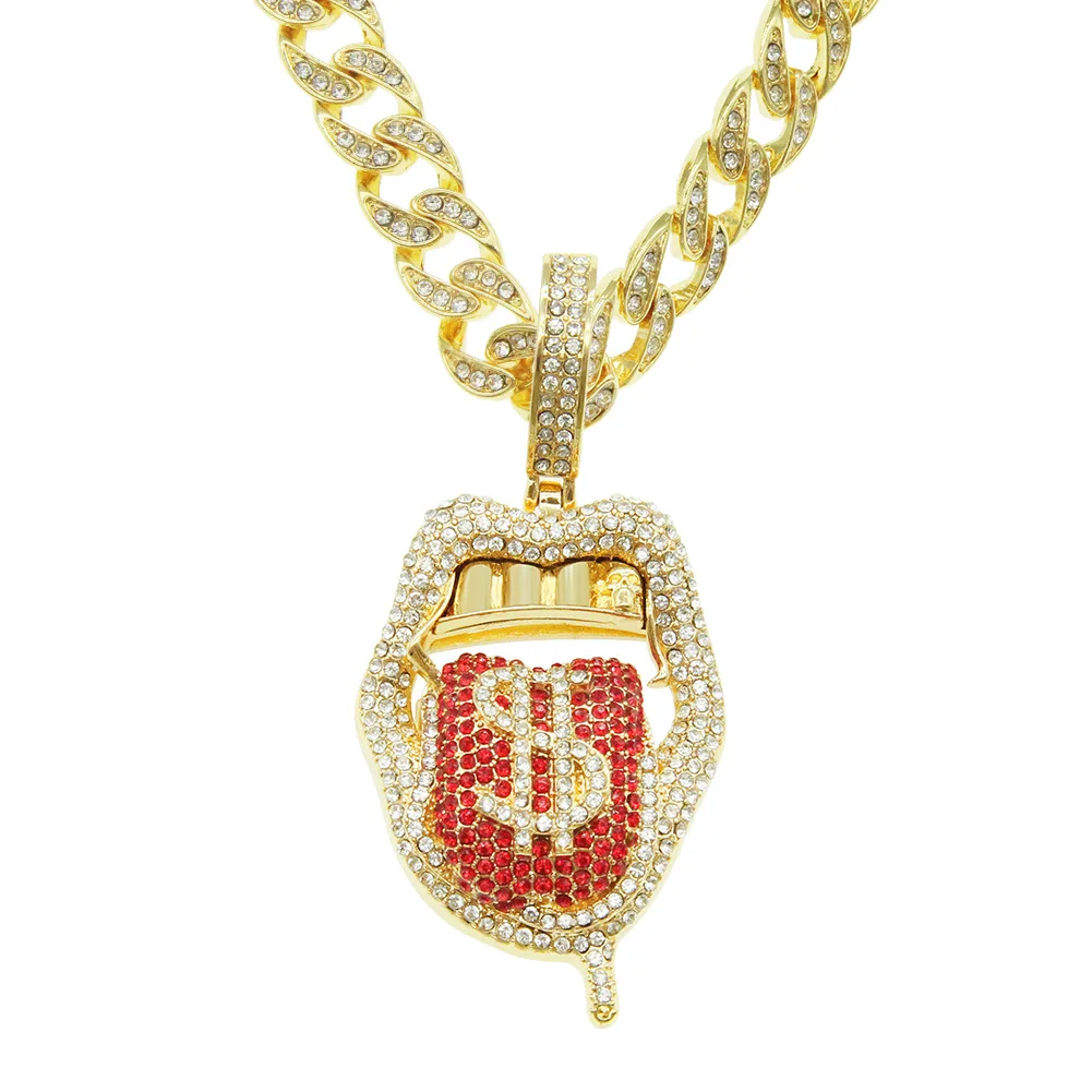 

European And American Hip Hop Rap Decorative Full Diamond Three-dimensional Dollar Tongue Pendant Trendy Necklace