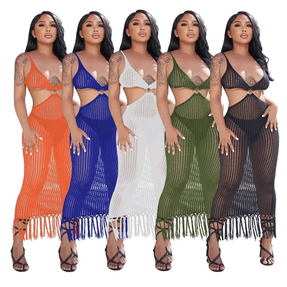 

Deep V Neck Knitted Vestidos Largos Tassels Solid Cut Out Maxi Dresses Long Beach Style Sheer Casual Summer Bohemian Crochet