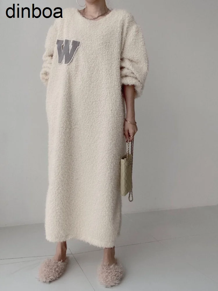 

Dinboa-furry Loose Lantern Sleeve Casual Dress2022autumn Winter Mid-length Winter Dress Womenkorean Chic Letter Spliced Vestidos
