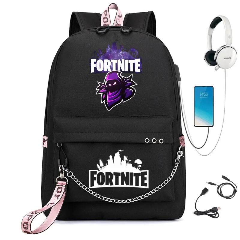 Стильный корейский рюкзак Fortnite с принтом, тканевый, с металлической цепочкой, встроенным USB-портом, водонепроницаемый, легкий, для путешествий и хранения вещей (art.: 3920db927a74c) - 3920db927a74c