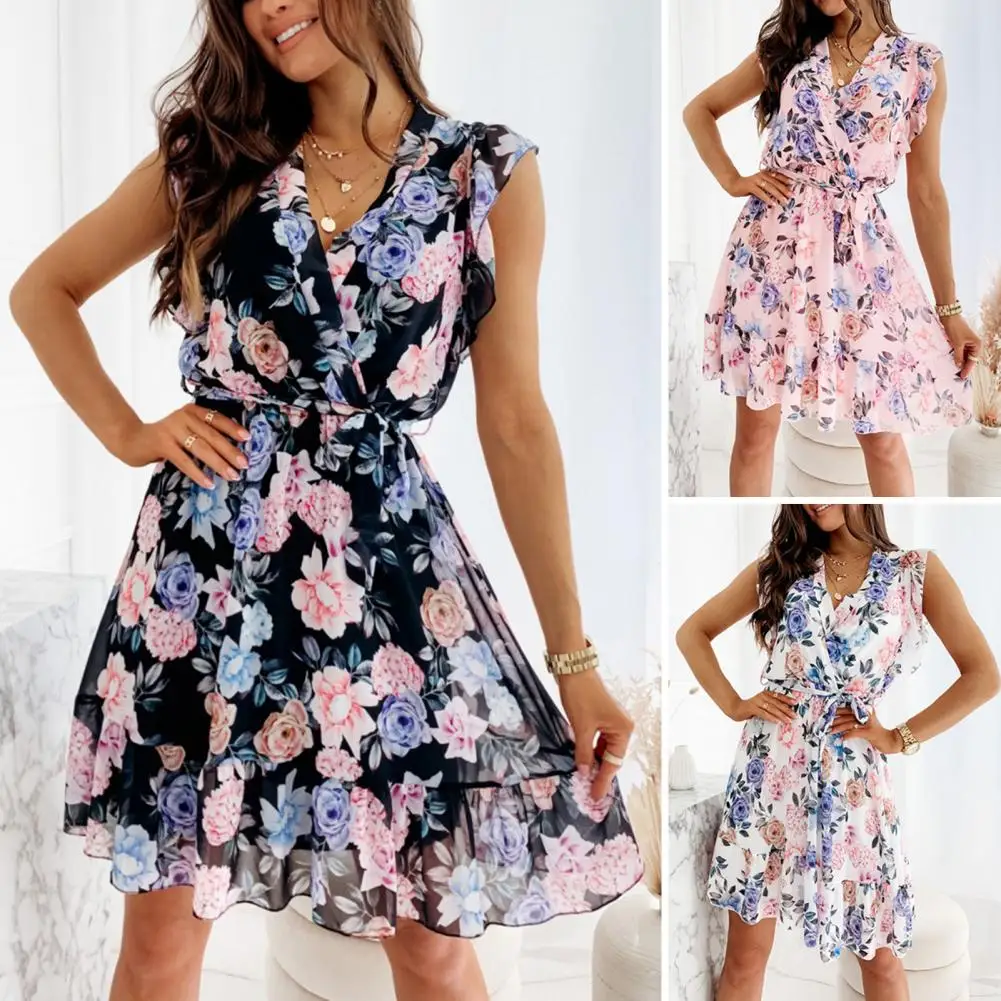 

Casual Women Summer Beach Dress 2022 Femme Sexy Chiffon Florals Print Short Boho Dresses White Party Dress vestidos de mujer