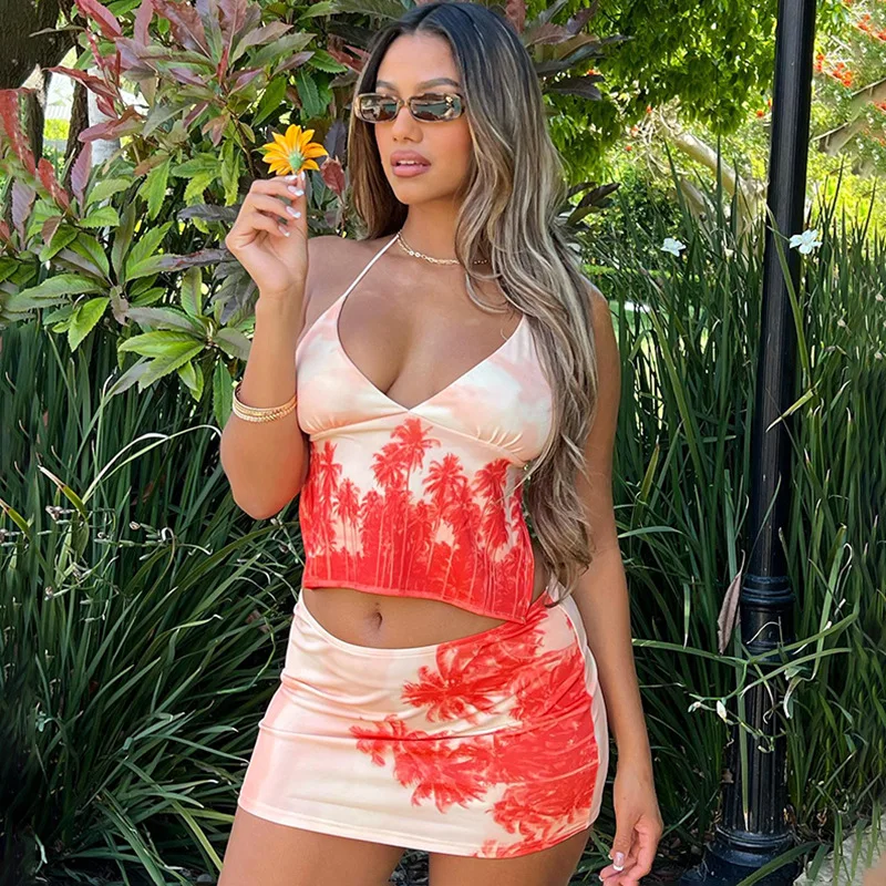 

Women's 2023 Fashion Print Sexy Wrap Chest Strap Small Tank Top Half Dress Two Piece Se