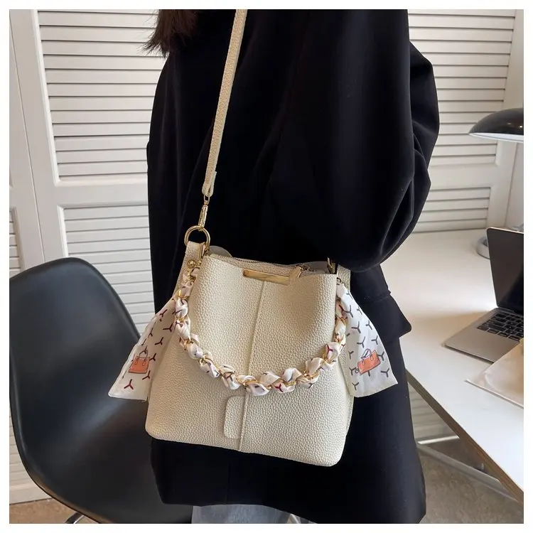 

Bucket Shoulder Handbag Genuine Leather with Chain Top Handle Silk Ribbon Zipper Pocket French Stylish Women's Bag 2022 Trend