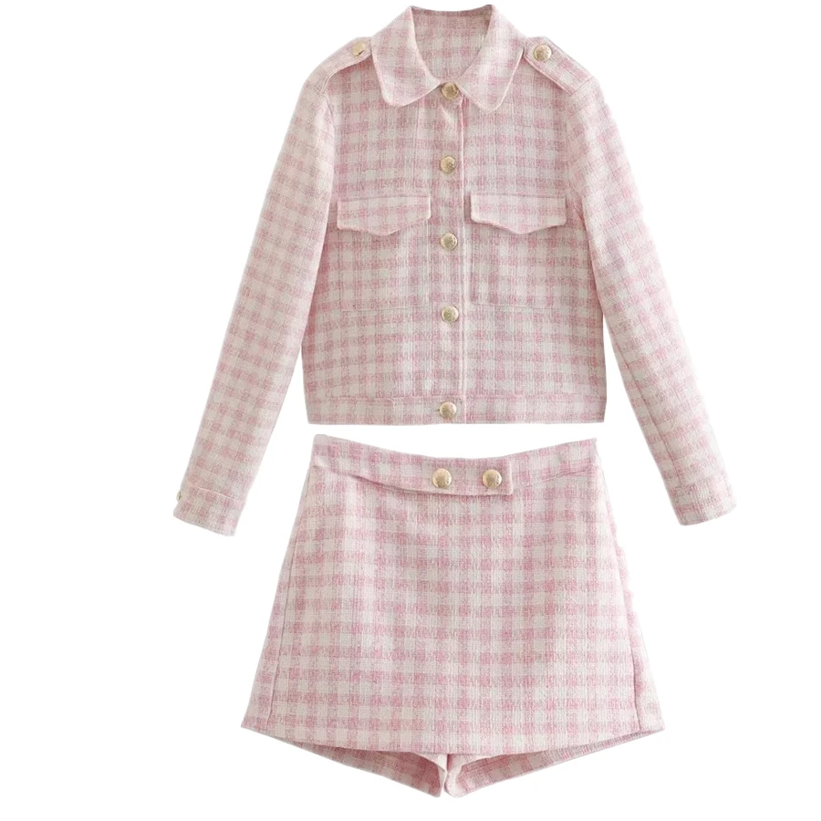 

Elmsk 2022 Fashion ELegant Pink Plaid Short Texture Casual Blazer England Style Jacket Vintage High Waist Short Women Sets