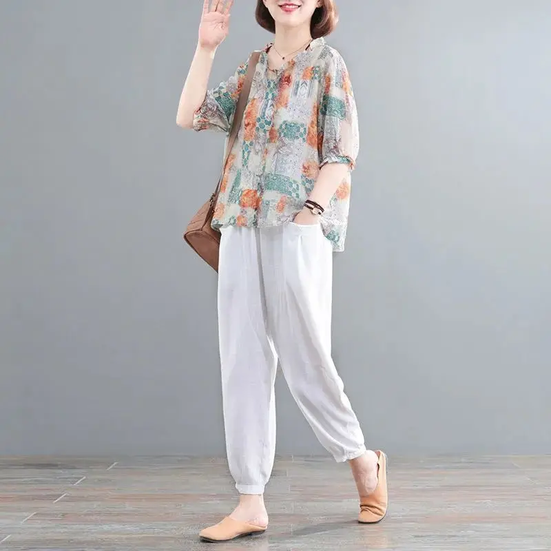 

Two-piece Women's 2022 New Summer Dresses Loose Plus Size Printed Fashion Cotton Suits Women's Pants Suits