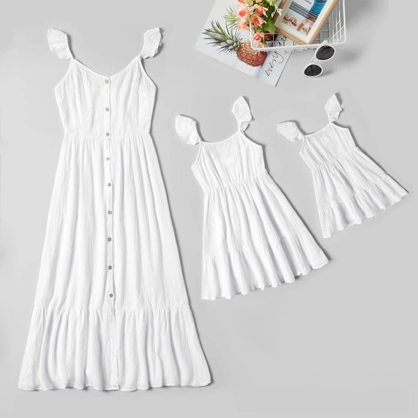 

MUMU Solid White Ruffle Shoulder Dresses for Mommy and Me