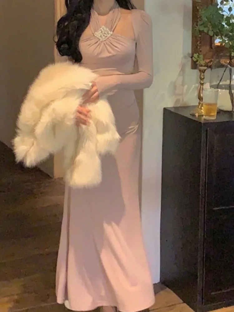 Элегантное платье миди с лямкой на шее женские Облегающие юбки-годе вышивкой