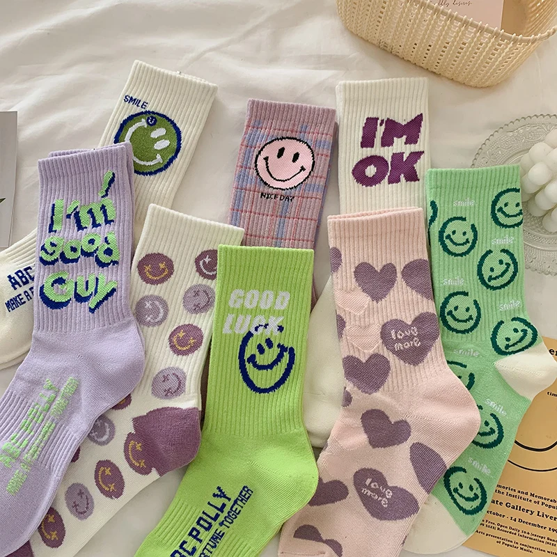 3 pairs Japanese Harajuku cartoon socks Funny heart smiley face socks Kawaii cute casual sports cotton socks