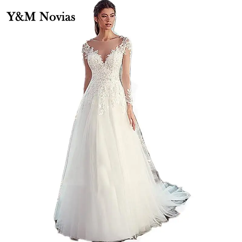 

A-Line Wedding Dress 2022 New Long Sleeve Lace Tail Bride Simple Plus Size Wedding Gowns Vestidos De Boda Novia Boho