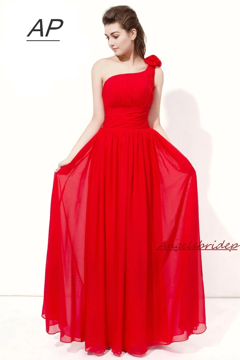 

Красные платья подружек невесты ANGELSBRIDEP, длинное официальное платье, шифоновые платья ручной работы с цветами и одним плечом для гостей свадьбы