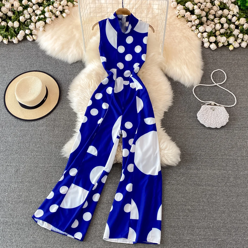 

Amolapha High Quality Women Sleeveless Jumpsuit Summer Stand Collar Wide Leg Overall Korean Style Slim Waist Long Rompers