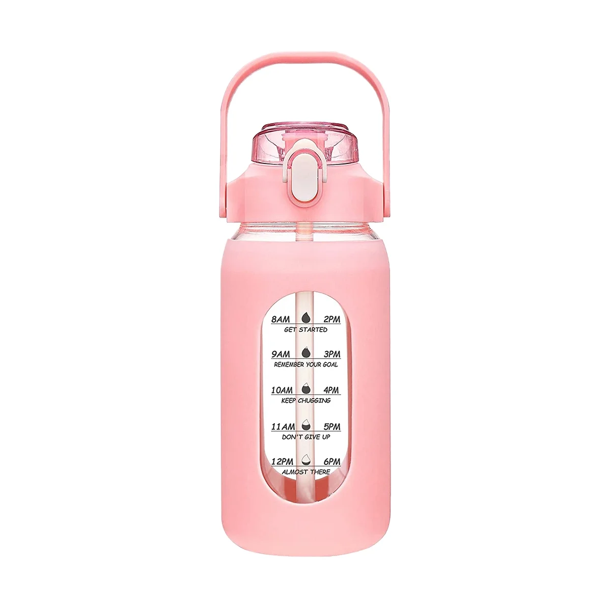 

64Oz Glass Water Bottles with Straw, Glass Bottle with Silicone Sleeve and Time Marker, for Gym Home Office Pink
