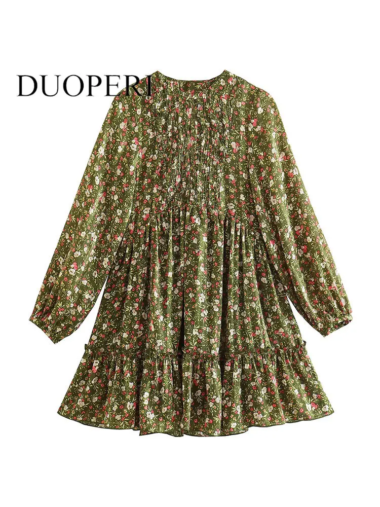 

DUOPERI Women Fashion Printed Pleated Loose Mini Dress Vintage O-Neck Long Sleeves Female Chic Lady Dresses