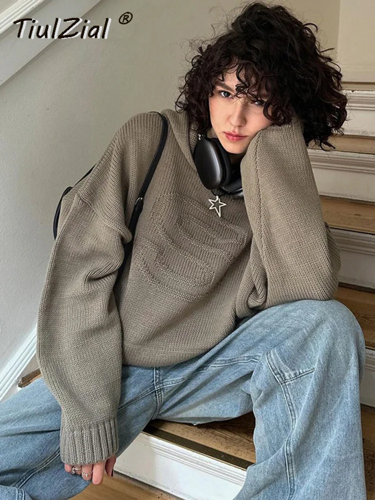 

Свитшоты TiulZial с надписью и графическим принтом, толстовка, вязаный свободный серый свитер, пуловер, осенняя зимняя одежда, Женские повседневные топы с длинным рукавом